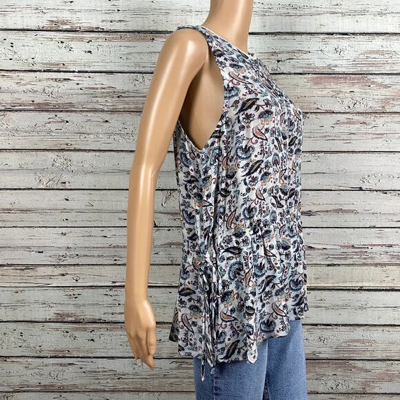 Susina Nordstrom Gray Floral Lace Trim Keyhole Peasant Tank Top Shirt Large - Picture 9 of 9